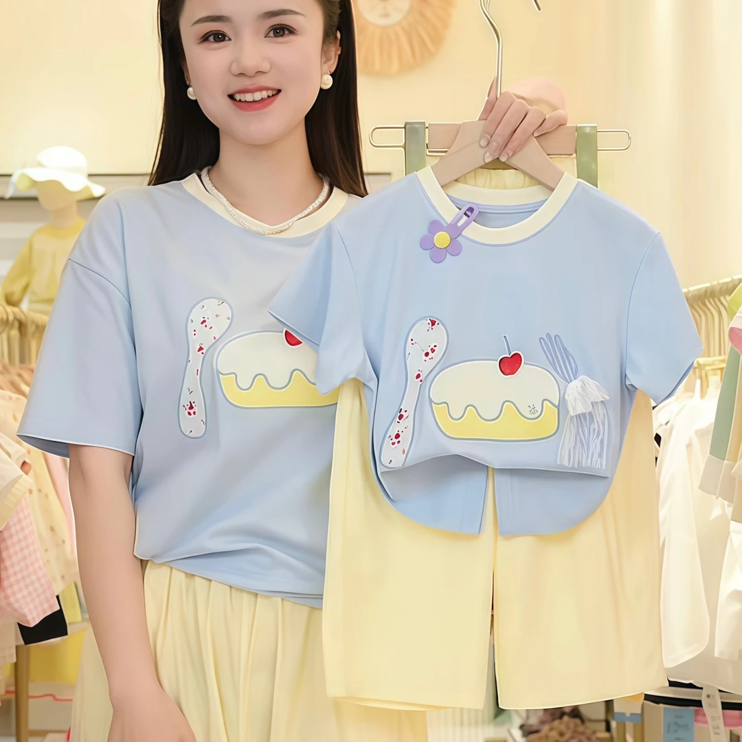 2025新款亲子套装女儿童洋气时尚百搭休闲夏季圆领短袖裤子两件套