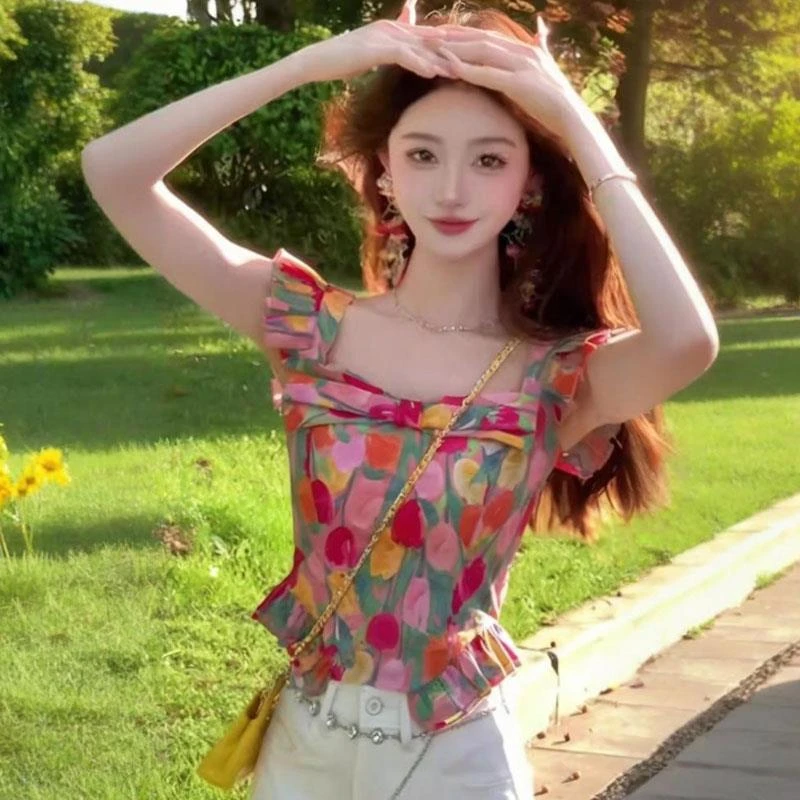 法式小飞袖碎花衬衫女夏季2025新款设计感小众修身独特超好看上衣