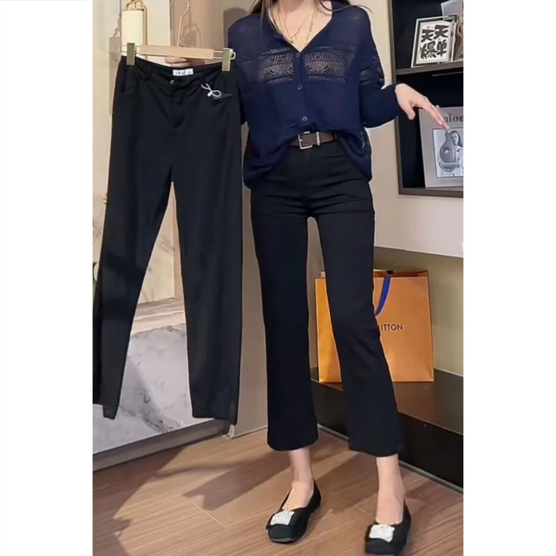 艾塔莉夏季弹力大码九分裤新款高腰黑色显瘦烟管裤百搭时尚休闲裤