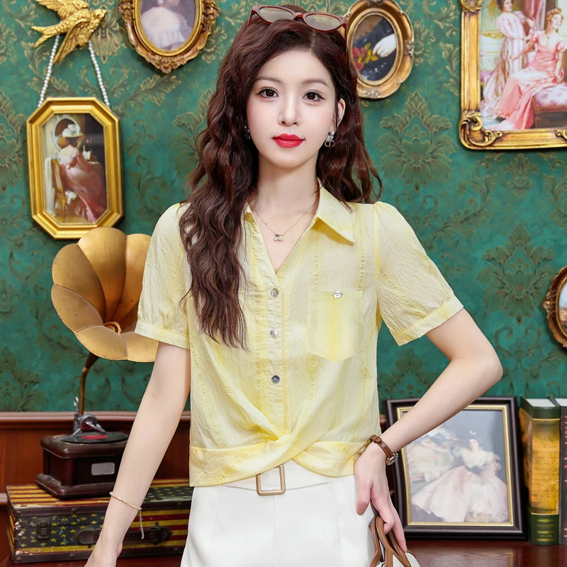 雪纺衬衫女褶皱短款夏季短袖2025新款韩版宽松白色设计感衬衣