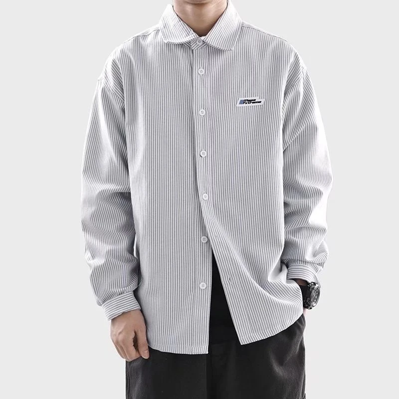 潮流日系港风韩版ins帅气百搭春秋男士长袖衬衫 高质宽松薄款条纹