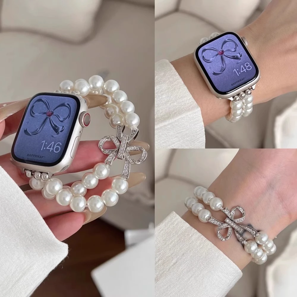 适用苹果手表S10小香风S9精致温柔S8蝴蝶细钻SE珍珠Ultra弹力表带