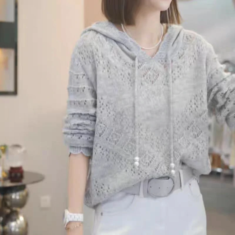 夏季新品钩花薄款时尚2025空调衫宽松连帽镂空针织衫长袖新款毛衣