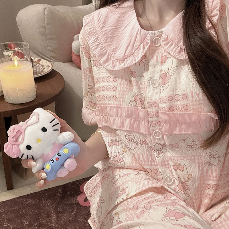 少女心小翅膀kitty睡衣女夏季泡泡棉短袖卡通三件套带胸垫家居服