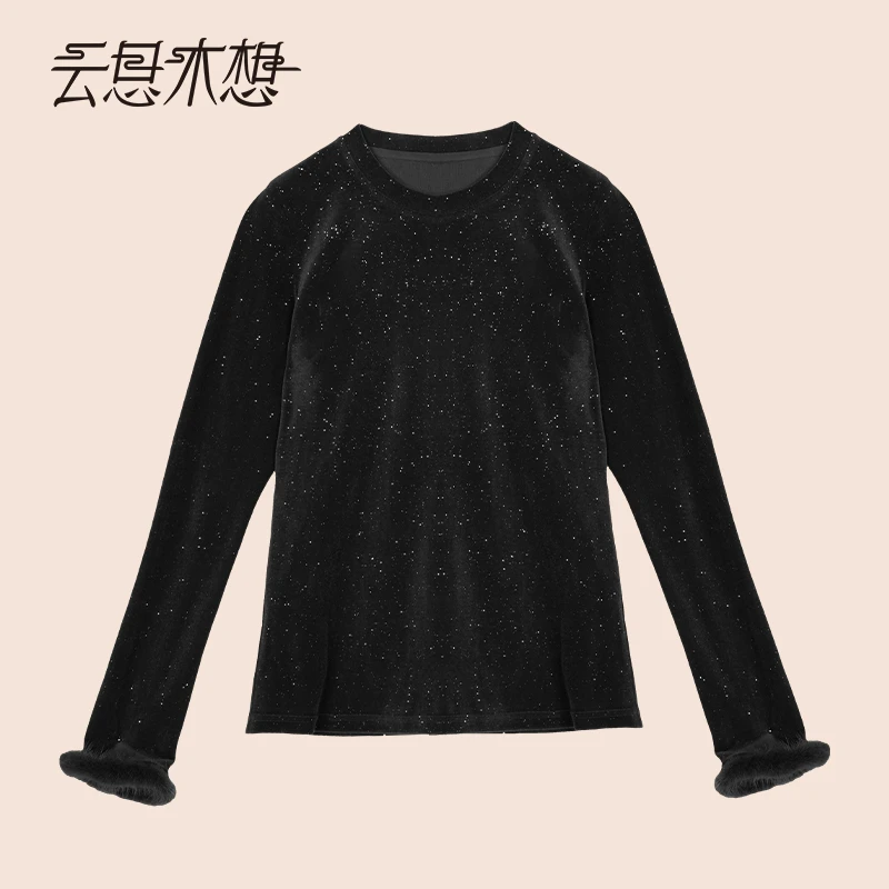 Ysimo-X云思木想 星光绒绒 细闪亮片袖口水貂毛时尚长袖T恤14051