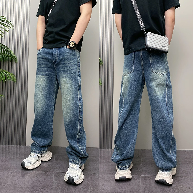 2025年秋季新款高街牛仔裤高街痞帅拖地裤子美式复古水洗弯刀裤男