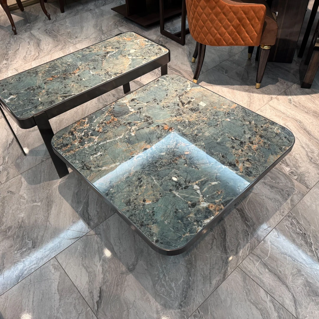 茶几家具边几5H76、5H72孔雀绿长方形+正方形组合式家用岩板