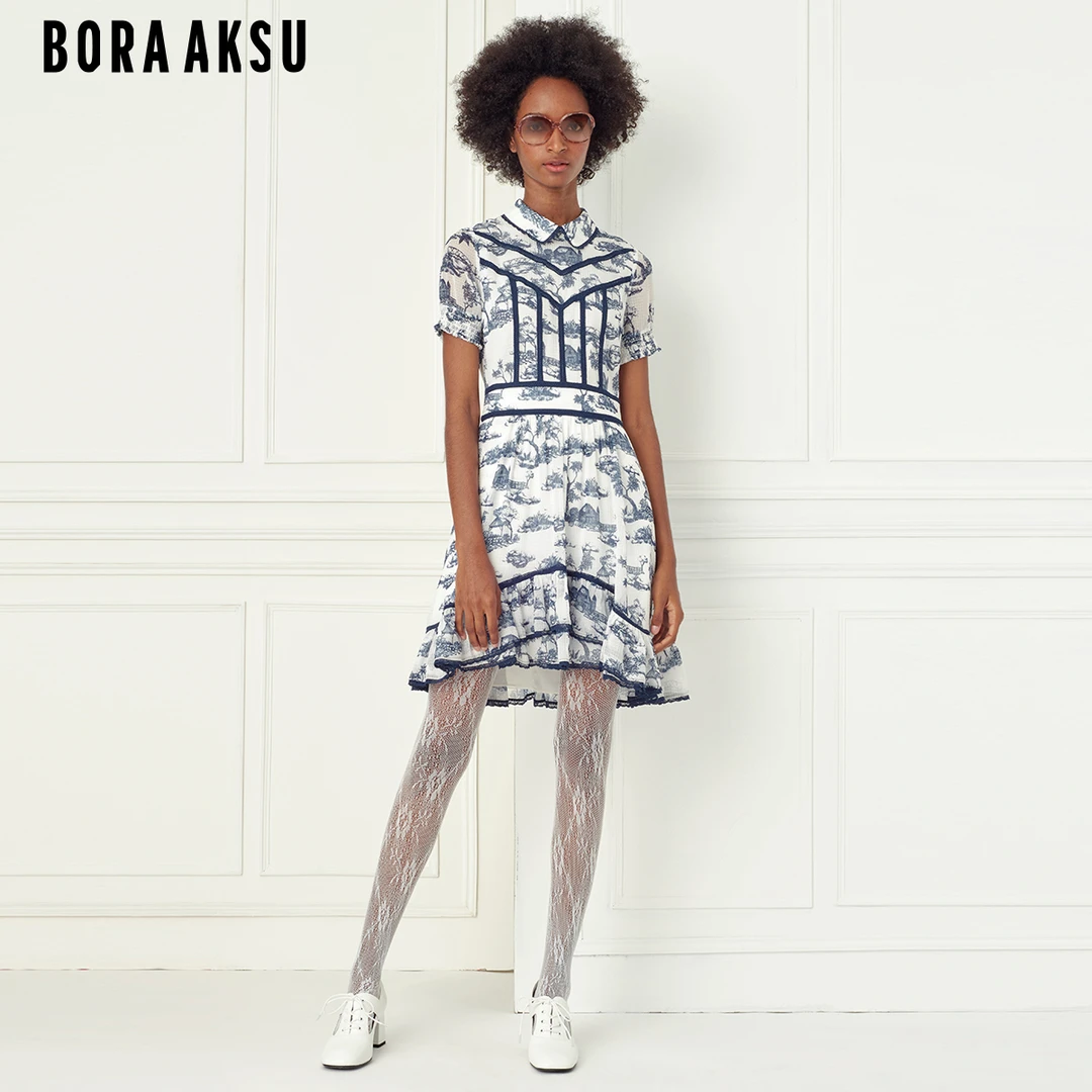 商场同款BORAAKSU2022春夏新荷叶边蓝白印花连衣裙B1CBW61380