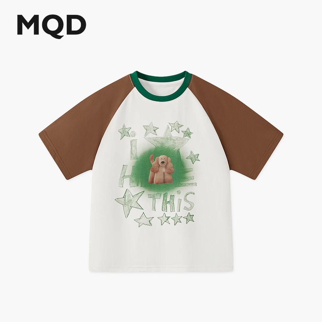 MQD童装25夏新品学院风撞色插肩袖卡通亲肤轻薄短袖T恤9652W03C6