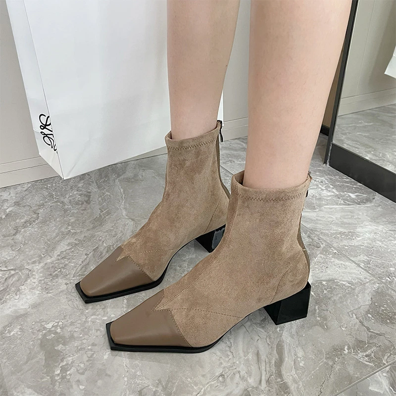 2025新款绒面拼接弹力瘦瘦短靴百搭方粗跟拉链短筒靴