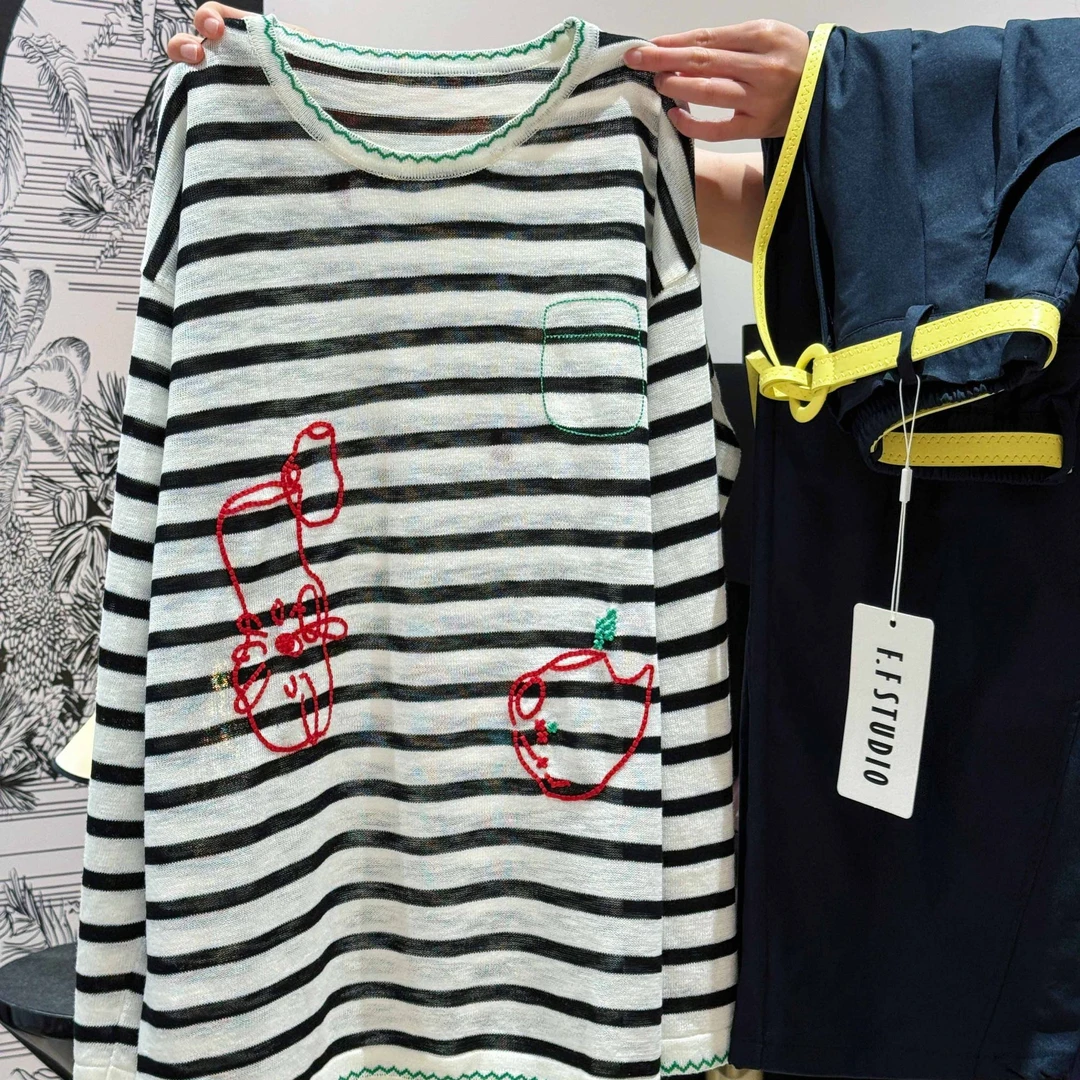 黑白条纹新款T恤长袖重工清新甜美百搭时尚女上衣DP7971