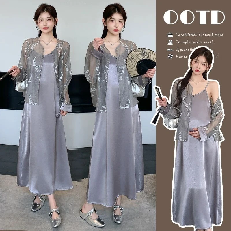 时髦孕妇套装新款时尚国风新中式刺绣网纱防晒衬衫显瘦缎面吊带裙