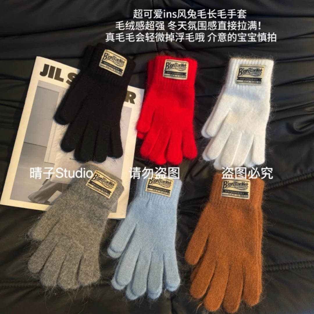 晴子 ins韩风兔毛针织可触屏手套保暖女秋冬骑行防寒手套