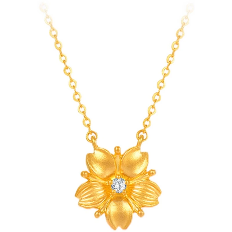 【新品】莱绅通灵盛世繁花系列 樱花 古法黄金足金999钻石项链