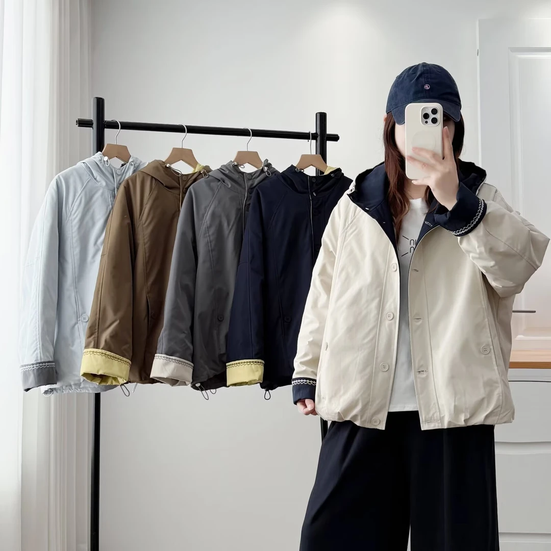 2025秋冬新款韩系撞色连帽加棉派克服胖mm时尚休闲宽松保暖棉服