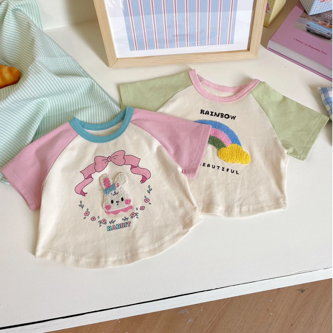 【现货】F5BTX157女童短袖夏季多巴胺女孩拼接打底衫儿童T恤