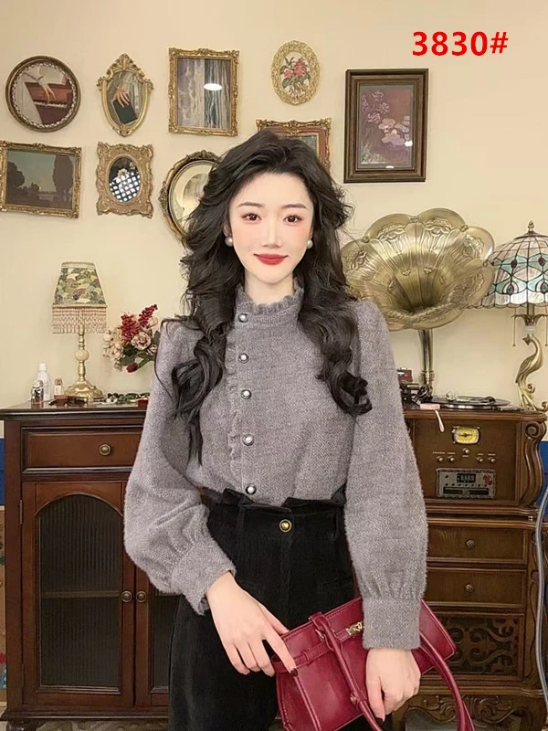 秋冬季穿搭加厚斜襟精致木耳边衬衫女上衣衬衣