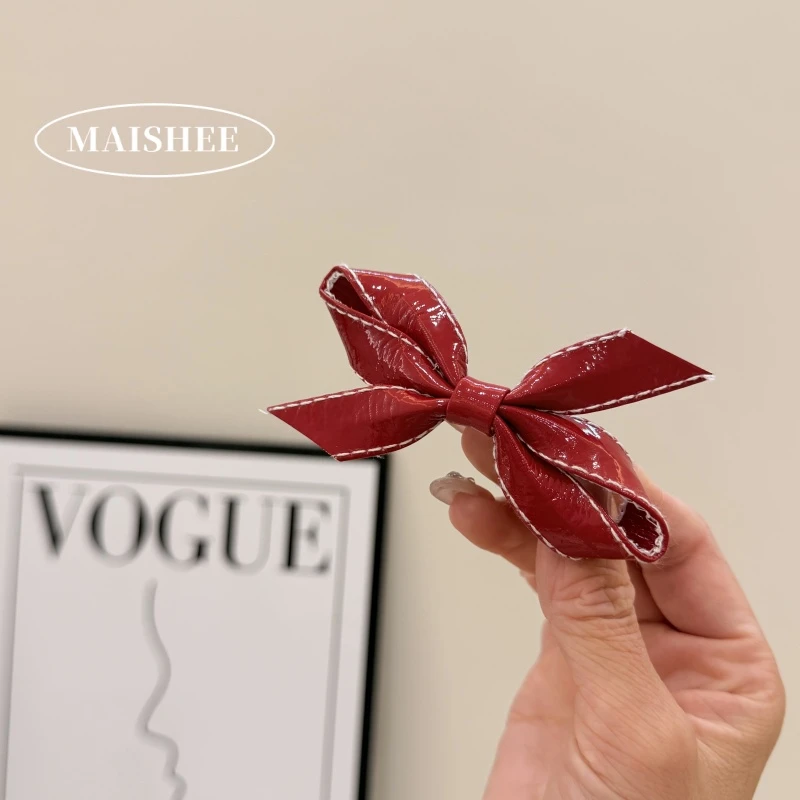韩国新款高级感红色皮质蝴蝶结鸭嘴夹发夹百搭侧边夹刘海夹Z0316