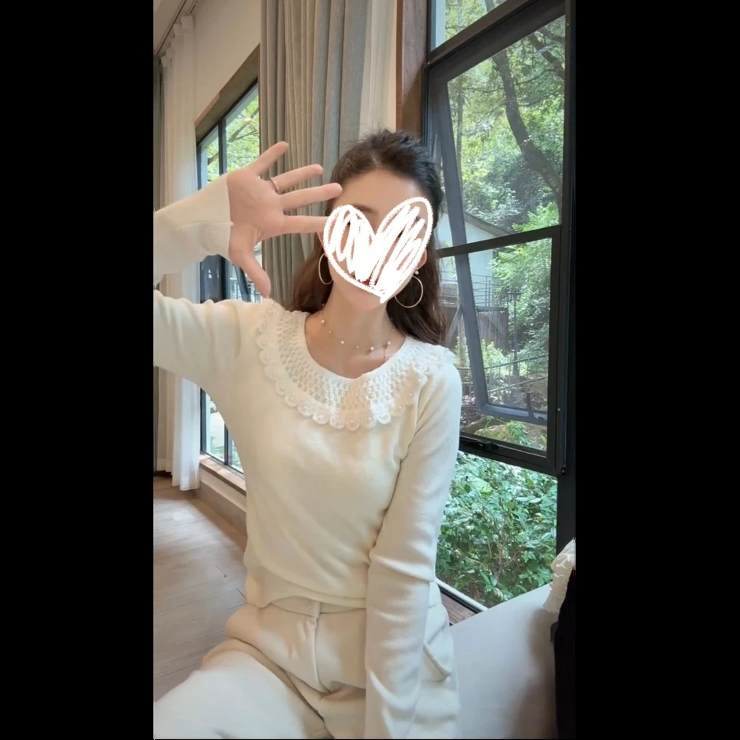 秋冬新款韩系温柔风珍珠荷叶领设计套头针织衫女