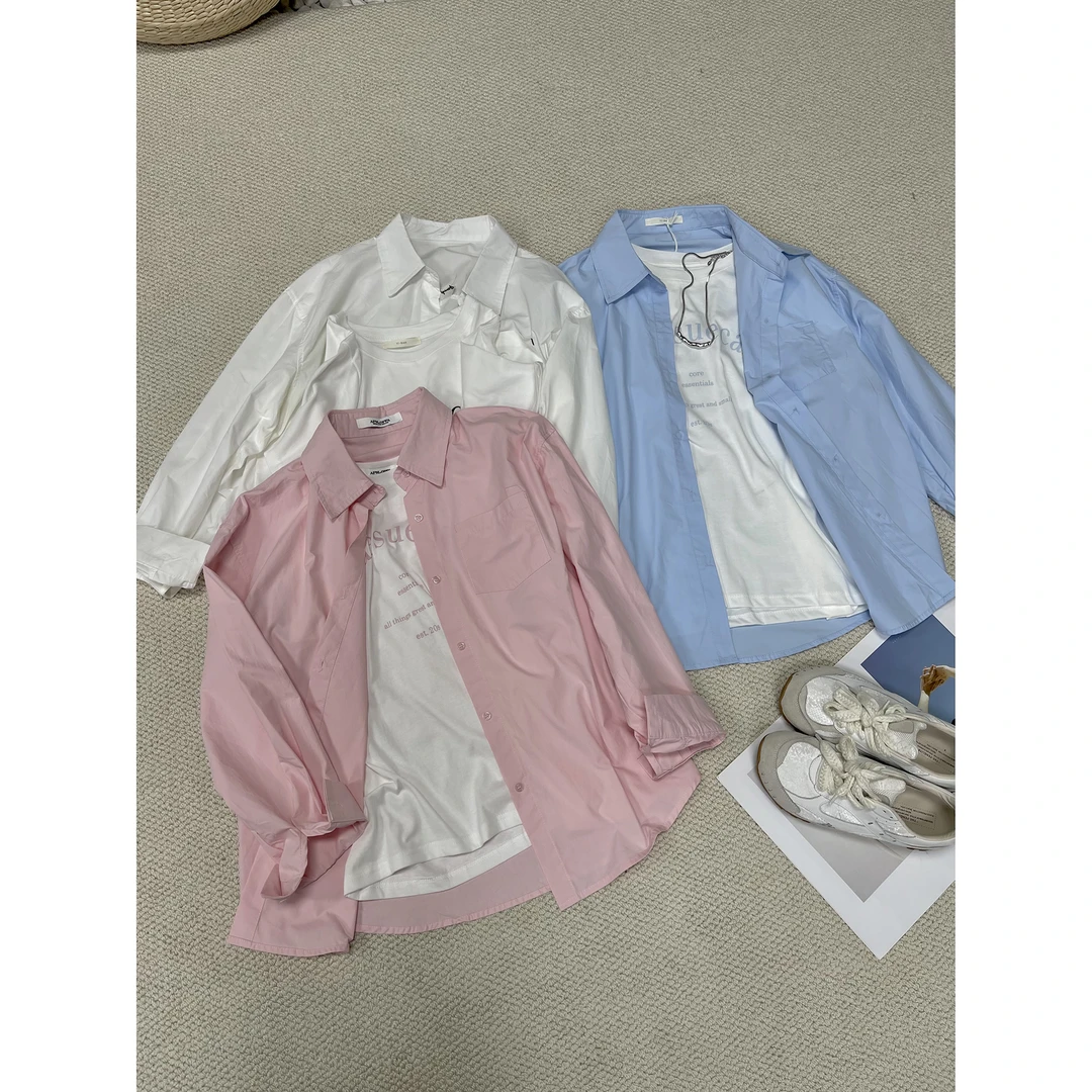 字母印花短袖T+宽松衬衫两件套1626（清）