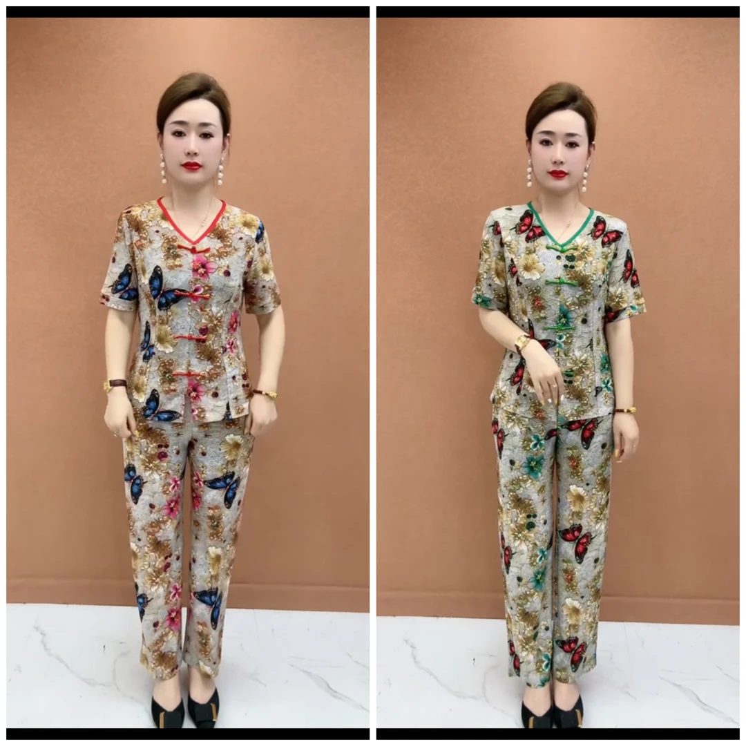 夏季时尚V领国风时尚妈妈装两件套套装