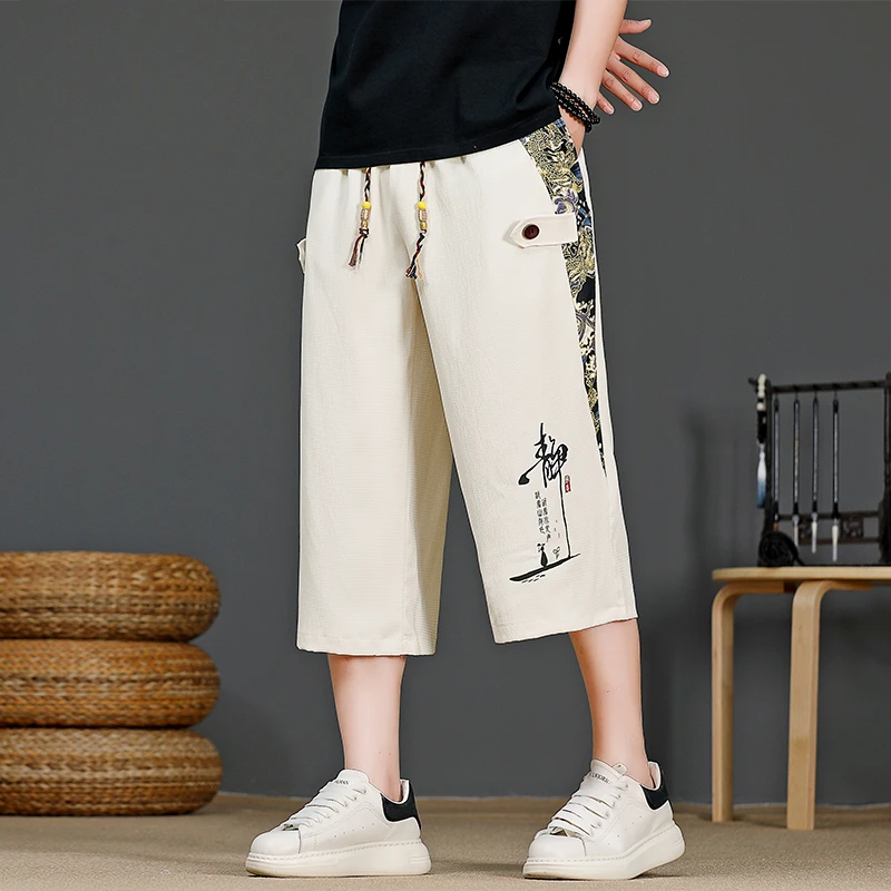 新中式国风直筒七分裤男士夏季宽松休闲冰丝凉感中裤国潮速干短裤