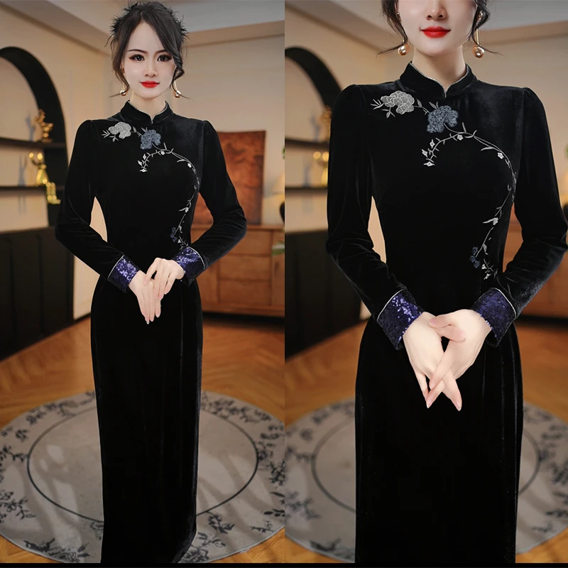 L重工刺绣秋冬连衣裙2024年遮肚收腰显瘦气质大方丝绒轻奢打底裙