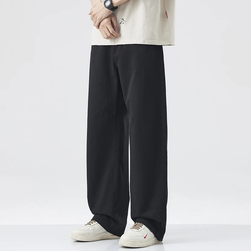 莱赛尔天丝棉高端休闲裤男美式潮流宽松直筒纯色夏季薄款工装裤男