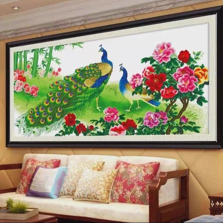 1.9中格纯手工绣好的十字绣成品29586富贵祯祥绿孔雀装饰挂画