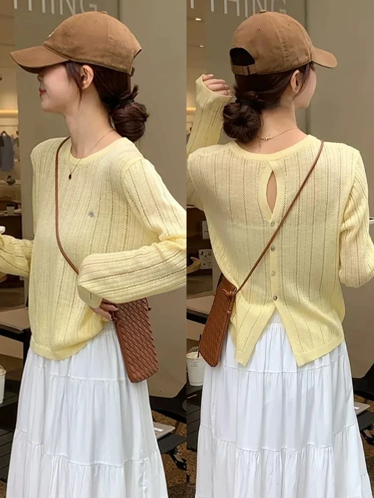 潮流设计感后背单排扣镂空薄款长袖针织衫女春夏新款百搭气质时尚