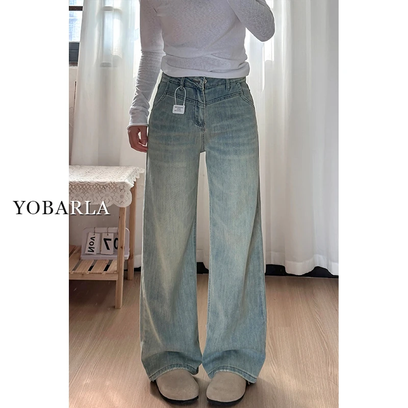 浅色阔腿牛仔裤女梨形身材冬季加绒高腰穿搭大码宽松加绒裤子