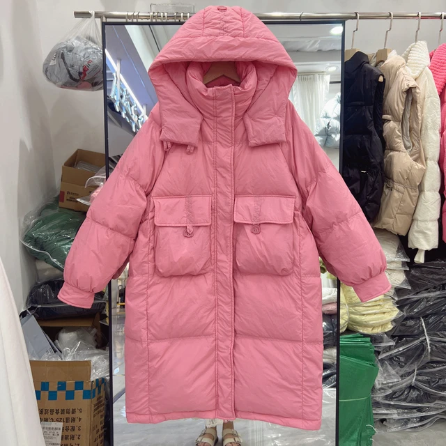 2024年秋冬新款韩版羽绒服女中长款连帽白鸭绒过膝加厚宽松外套潮