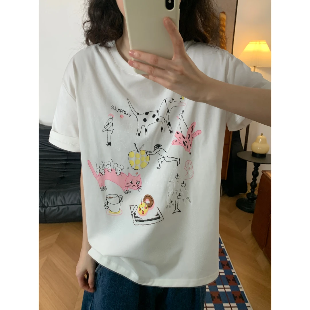 夏日奇遇趣味涂鸦圆领短袖T恤女慵懒风圆领宽松休闲显瘦质感上衣