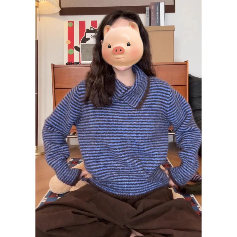 法式翻领蓝色条纹套头打底毛衣女秋冬内搭可外穿慵懒风针织衫上衣