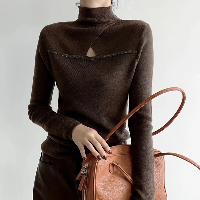 设计感交叉高领镂空烫钻内搭打底毛针织衫女秋冬修身薄款长袖上衣