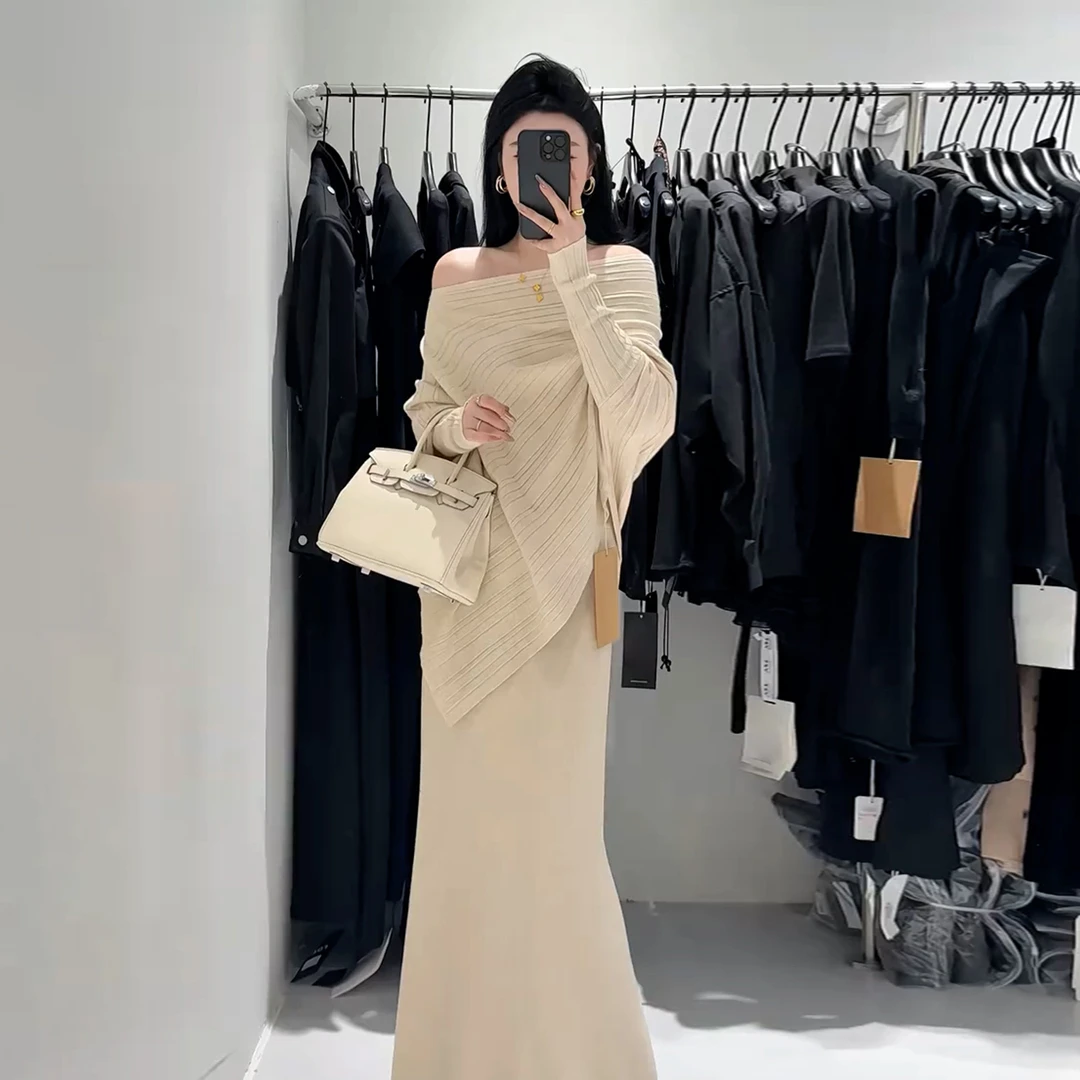 法式斜肩针织套装连衣裙女装秋冬季2025新款设计感小众不规则长裙