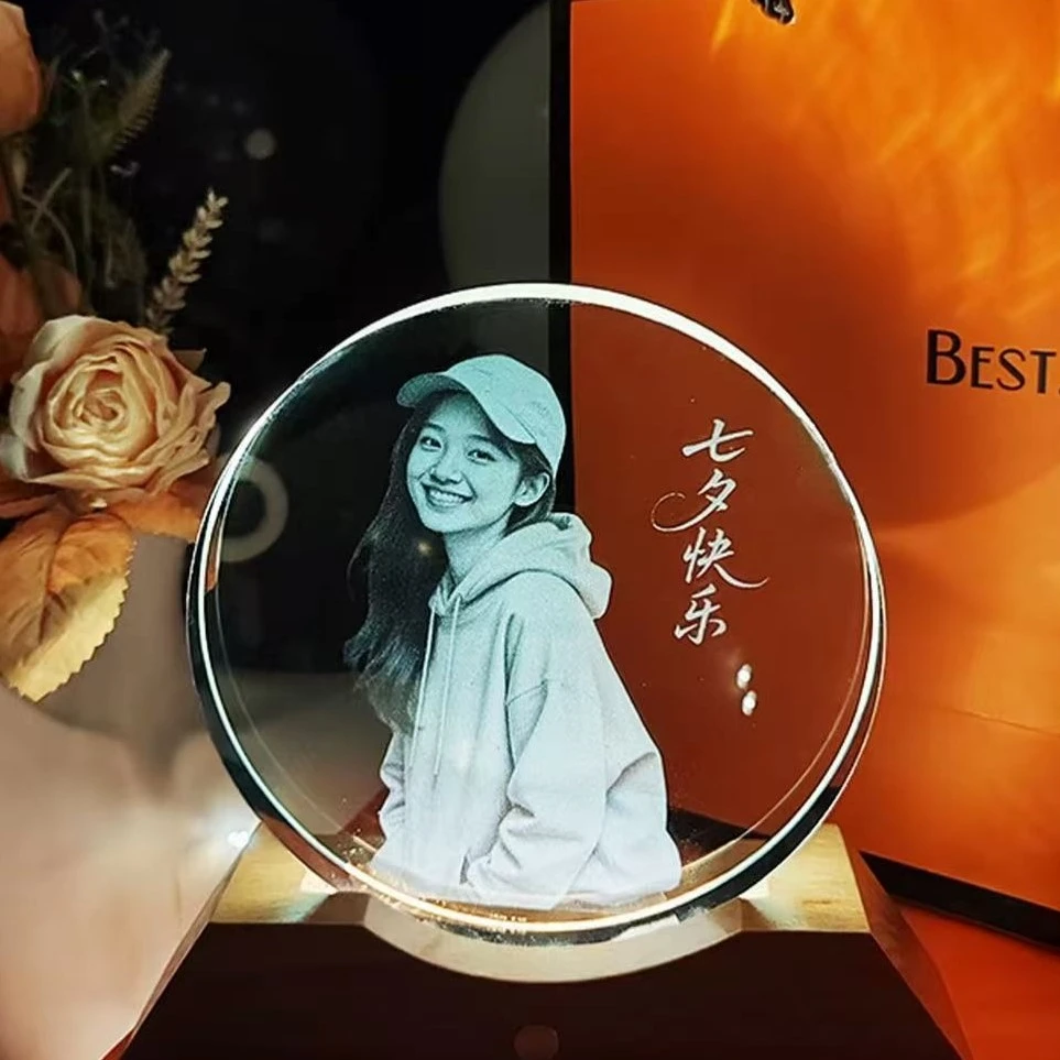 水晶玻璃内雕照片定制送女友老婆生日纪念节日DIY礼物小夜灯礼品