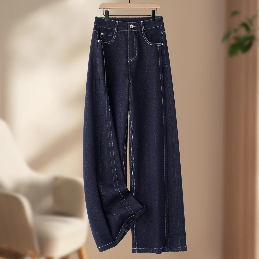 丹宁蓝窄版阔腿牛仔裤女秋季2025新款高腰宽松百搭小个子直筒裤子