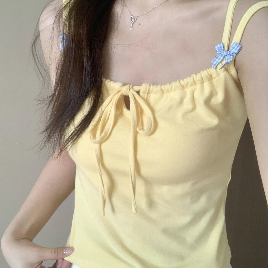 显瘦蝴蝶结设计感甜辣妹吊带背心女装一体式夏季外穿美背ins短款
