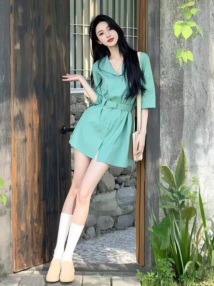 SS646薄荷绿收腰衬衫连衣裙春季新款爆款多巴胺穿搭高级小众裙子