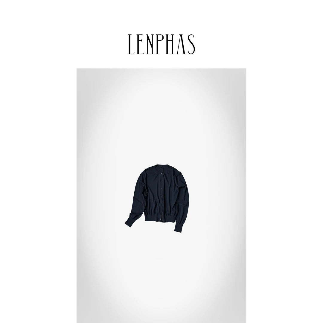 【LENPHAS】藏青色罗纹饰边针织开衫