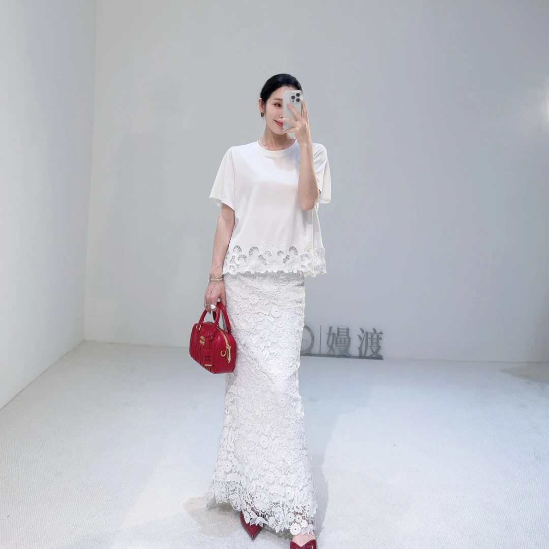 嫚渡|高定重工刺绣镂空圆领短袖棉T恤女