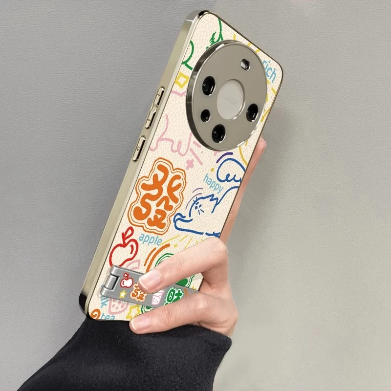 适用华为Mate70Pro手机壳发财线条猫咪Mate60小羊皮带支架50新款