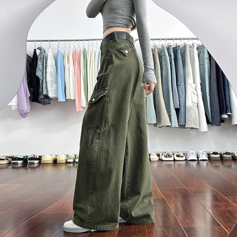 军绿色工装牛仔裤女2025秋季新款美式复古酷飒风高腰显瘦加长阔腿