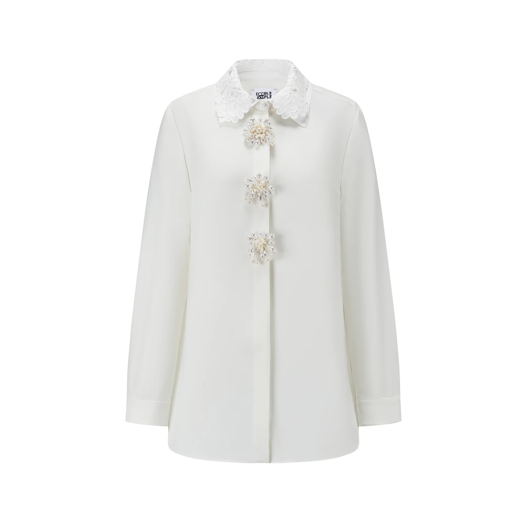 【顾文婷推荐】YOUWEI有尾 山茶花 蕾丝领珠花长袖衬衫 DT1625105