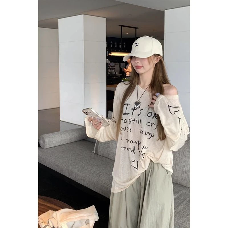 美式字母爱心印花防晒T恤女夏季宽松慵懒风显瘦长袖薄款空调罩衫