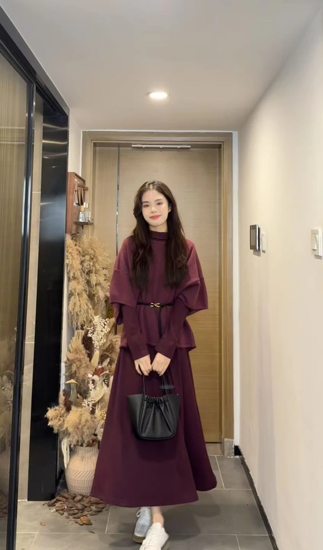 AN.XIN【乌梅子酱】韩系知性姐姐套装～宽松斗篷毛衣+连衣裙2922