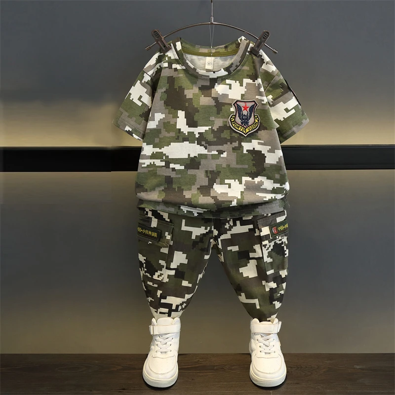 儿童警察服套装夏装男童运动迷彩军官制服男孩T恤酷帅夏季夏令营t