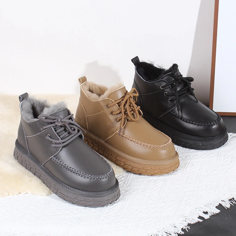 头层牛皮+羊皮毛一体！N-5899 男士雪地靴低帮系带情侣款保暖短靴
