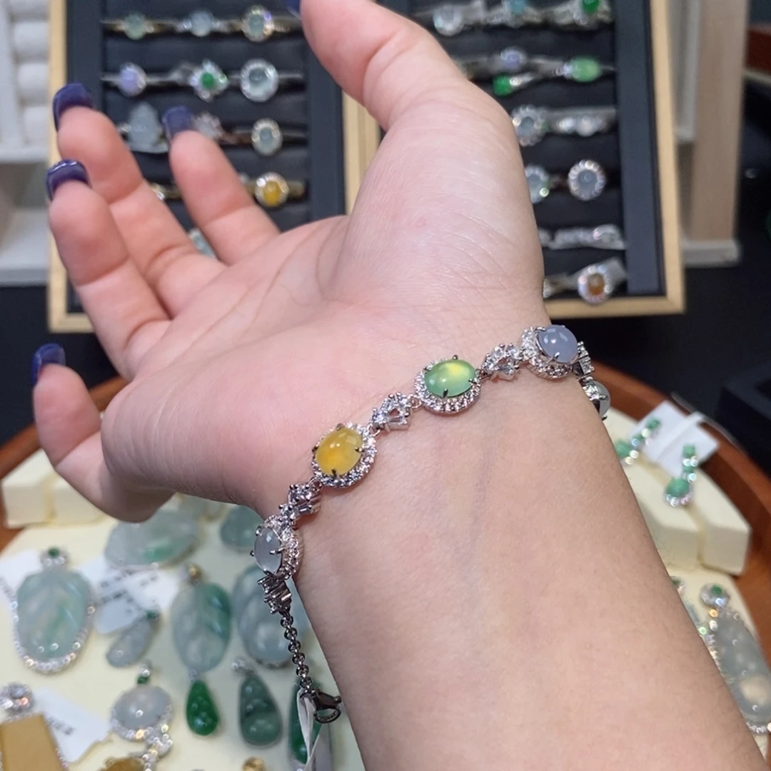 翡翠银S925镶嵌手链纯天然缅甸翡翠A货手链1